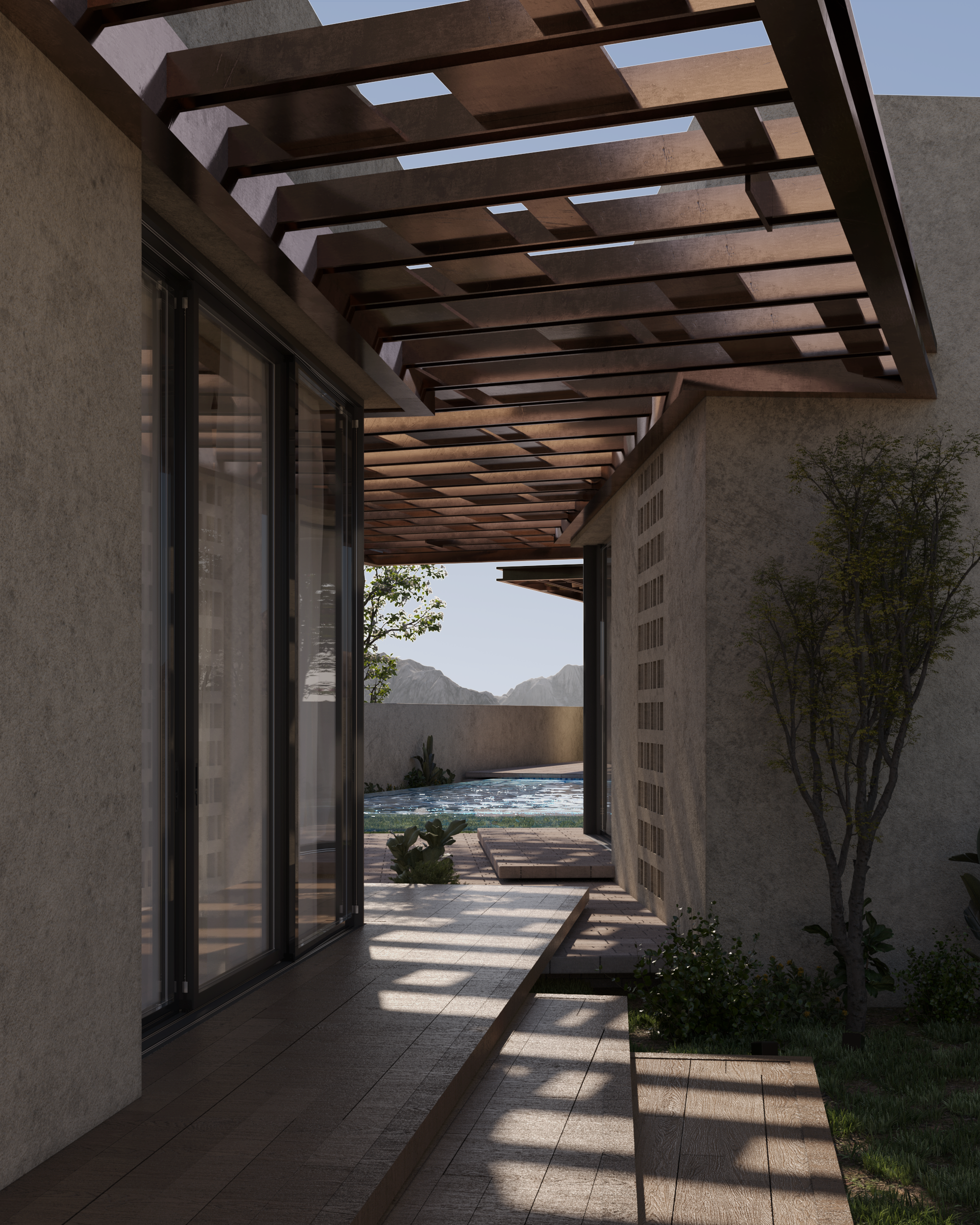 A recessed entrance framed by stone walls and shaded canopies.