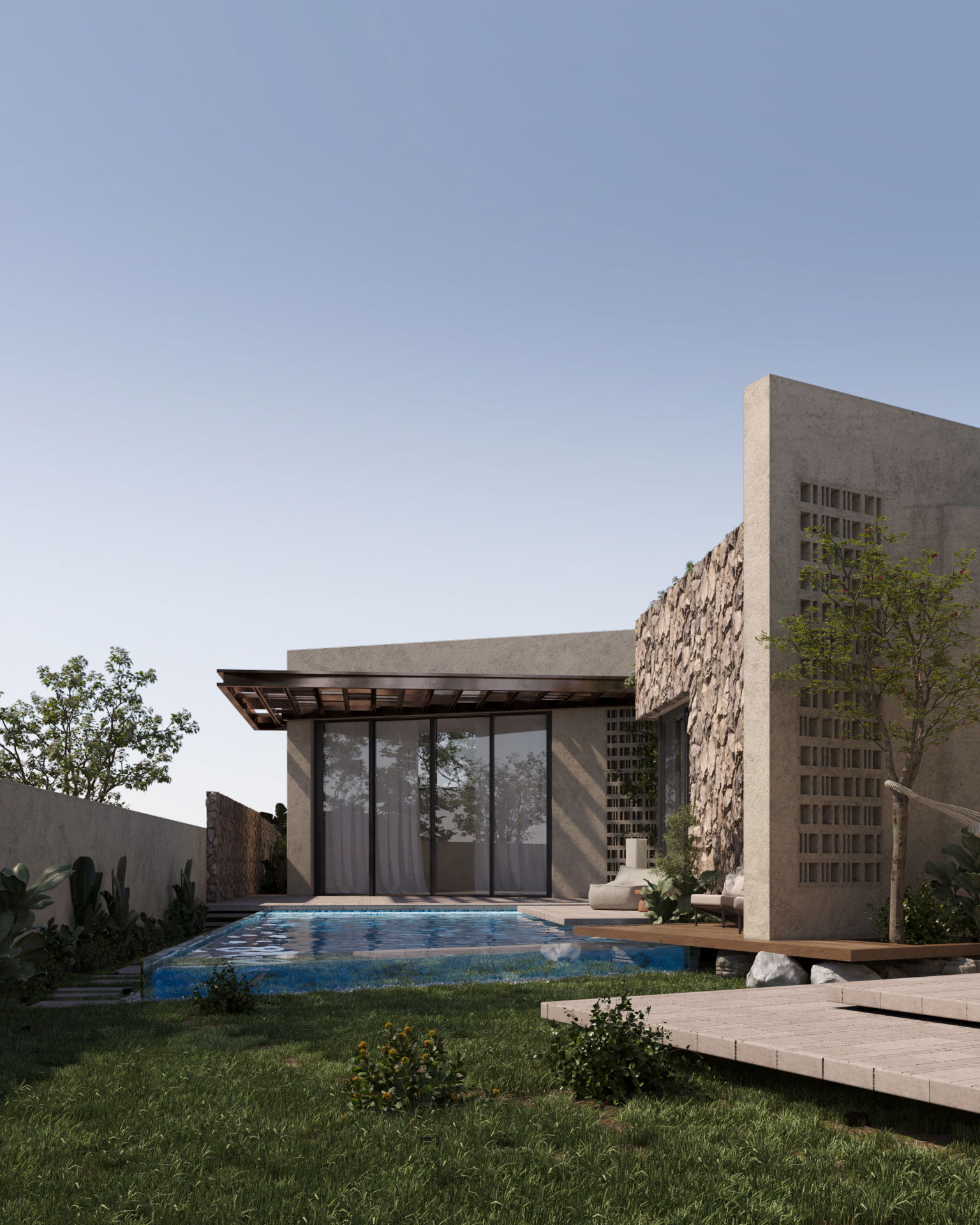 A recessed entrance framed by stone walls and shaded canopies.