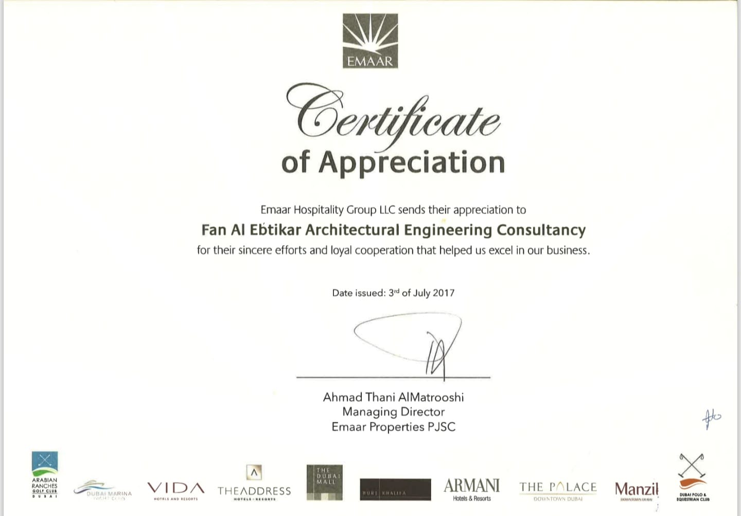 Appreciation from EMAAR Hospitality Group LLC