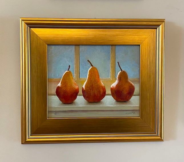 Red Bartletts on a Windowsill, oil, framed