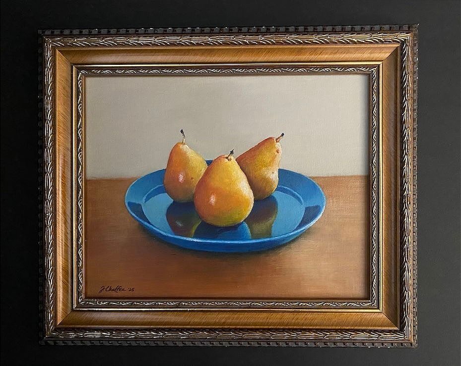 Little Forelle Pears on a Blue Plate, Oil, 8" x 10", framed