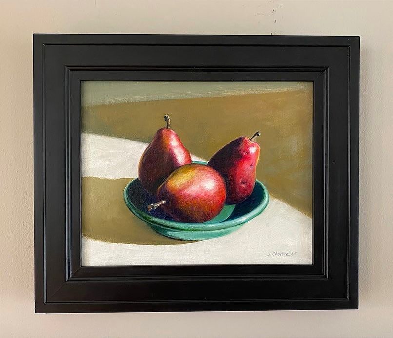 Red D'Anjou Pears in a Green Dish, 10" x 8"
