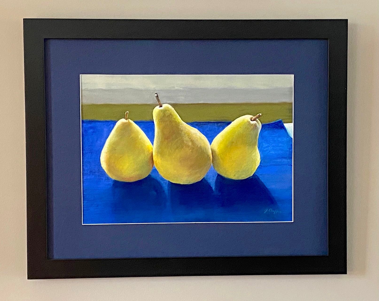 3 Pears In Front of Window, watercolor & pastel, framed