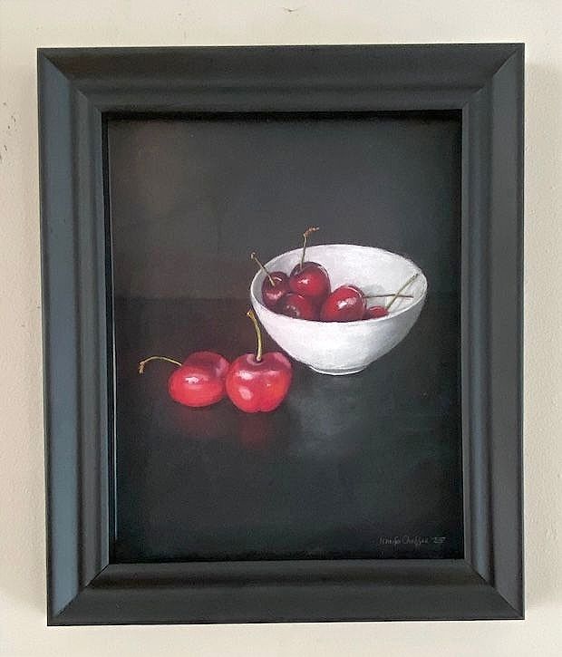 Bing Cherries in a China Bowl, pastel, framed