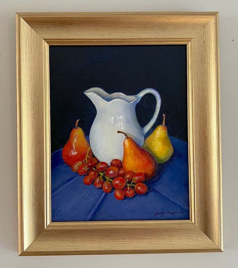 Pitcher with Pears & Grapes, oil, framed
