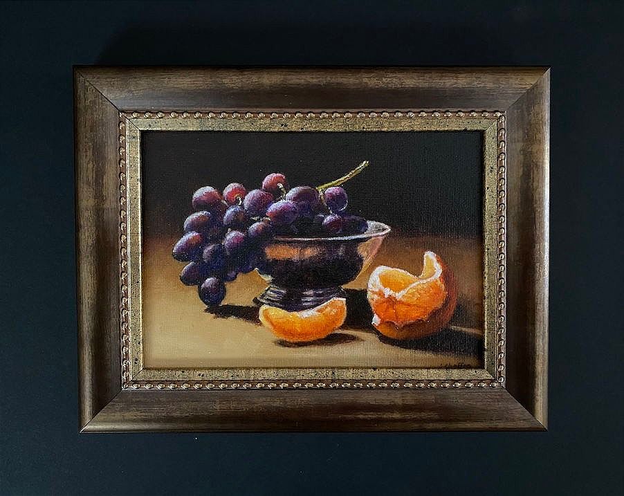 Silver Bowl with Grapes and Orange, oil, framed