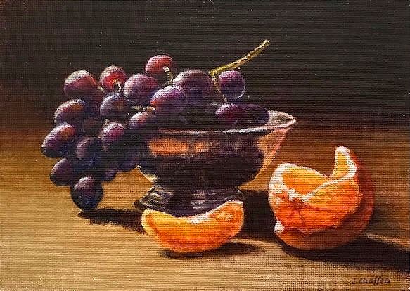 Silver Bowl with Grapes and Orange, oil on canvas, 5" x 7"