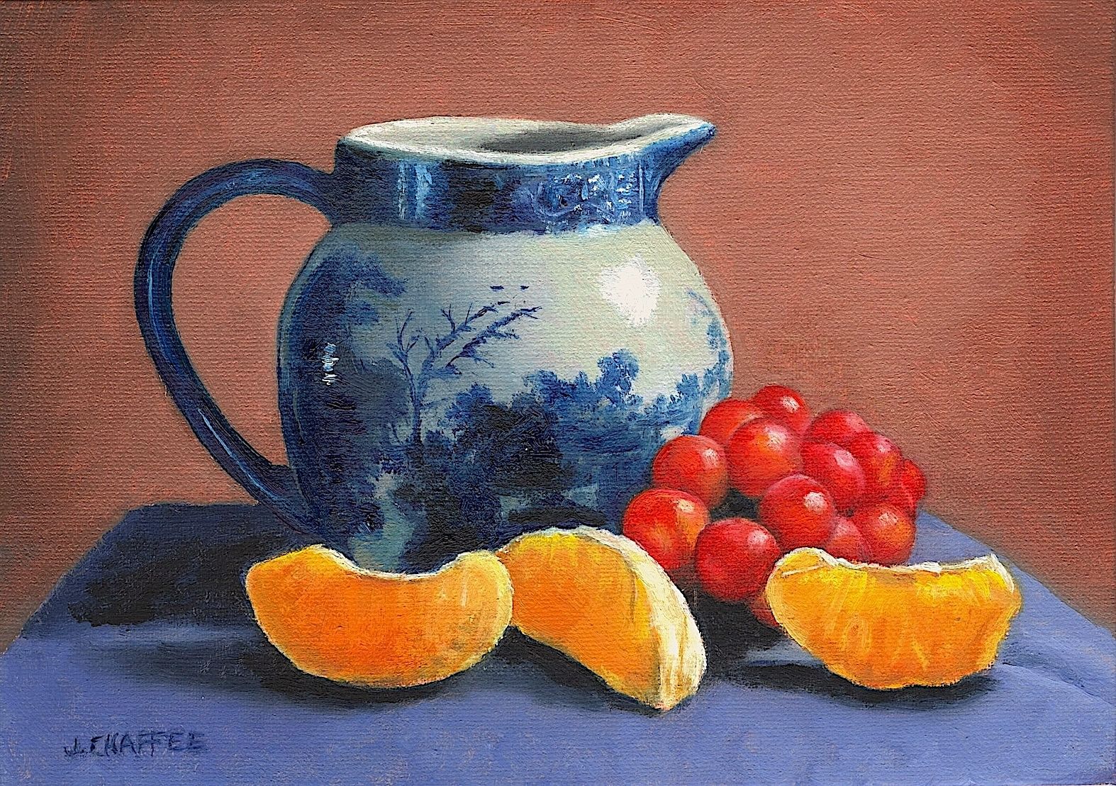 Blue Willow Pitcher with Grapes and Oranges