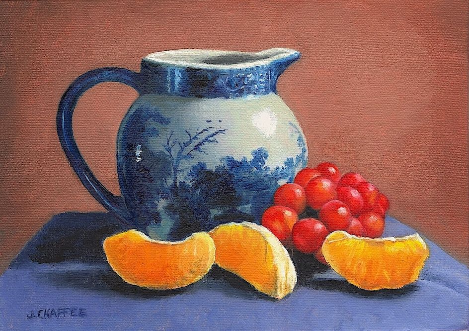 "Blue Willow Pitcher with Grapes and Oranges"