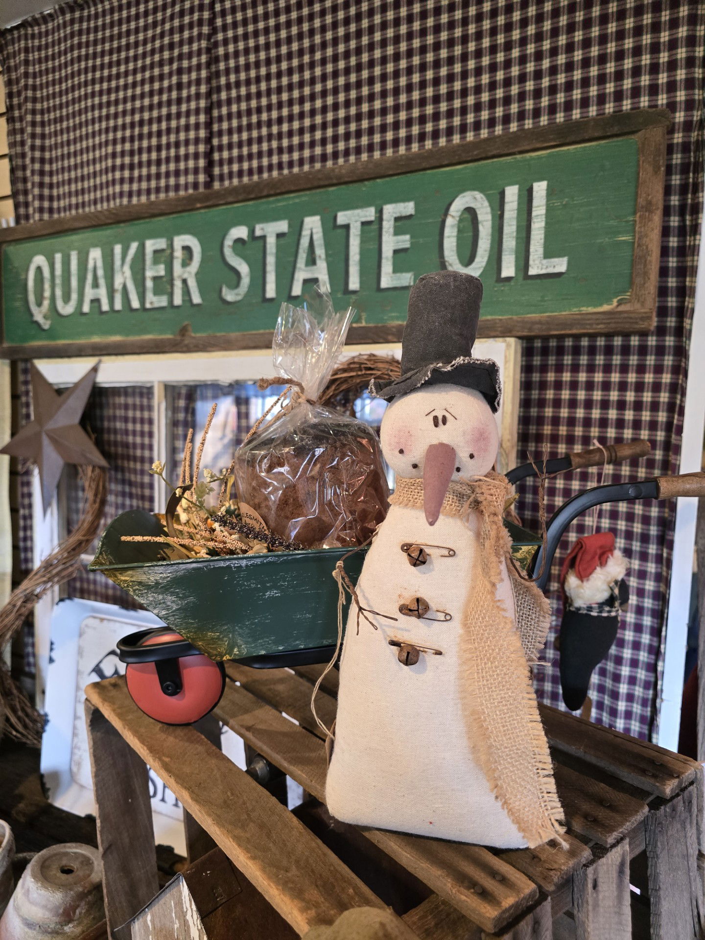 Prim Snowman w/Wheelbarrow and Candle