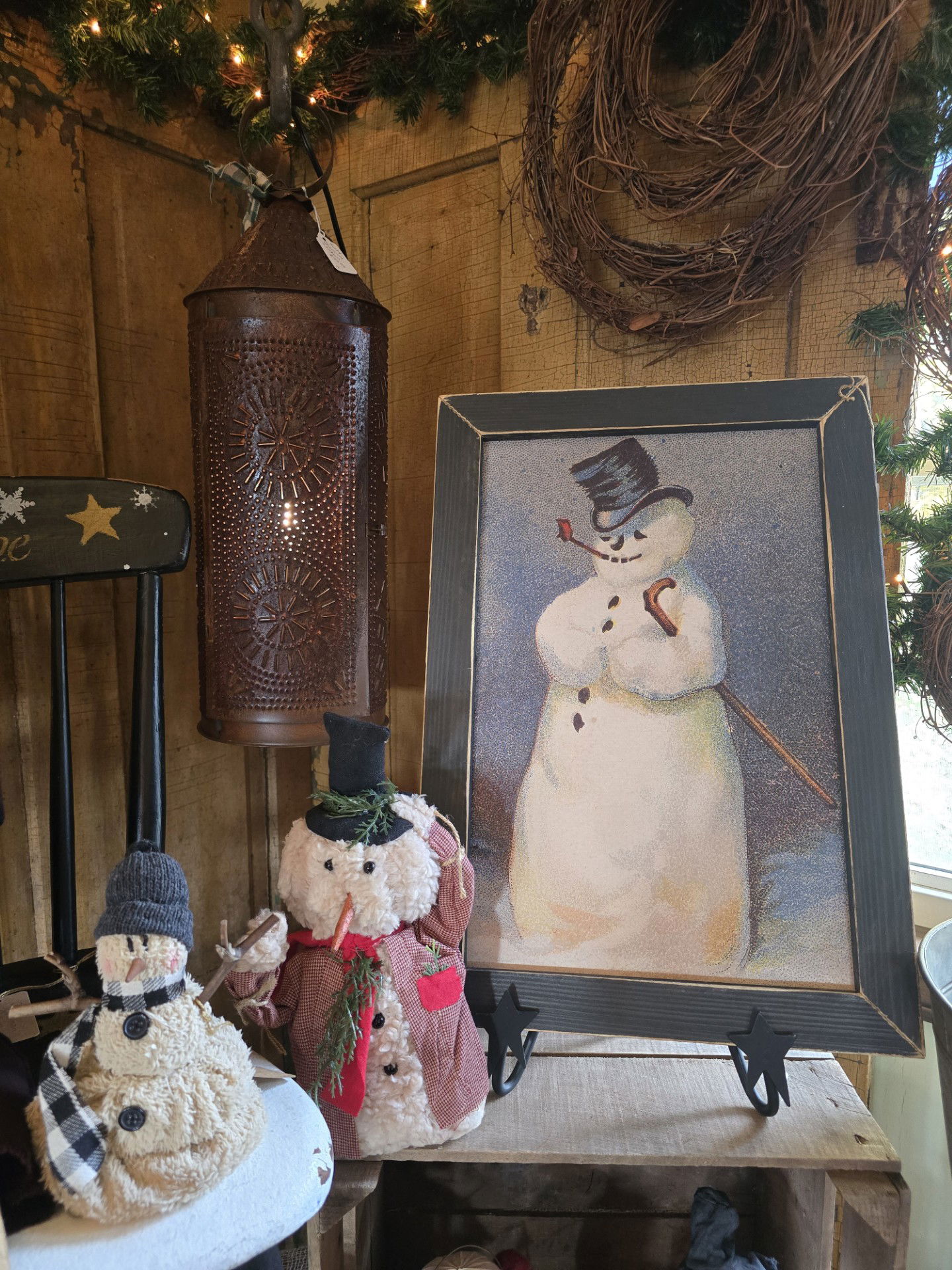 Rusty Tin-Punched Lantern w/Snowmen