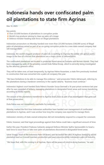 INDONESIA HANDS OVER CONFISCATED PALM OIL