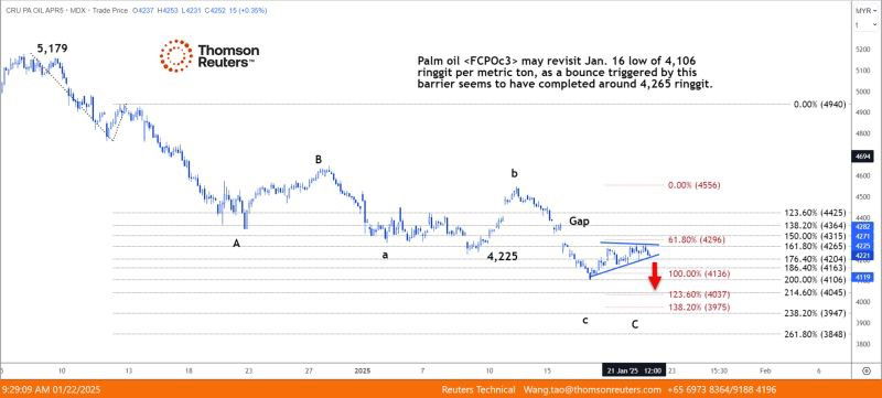 TECHNICALS-Palm oil may retest support at 4,106 ringgits