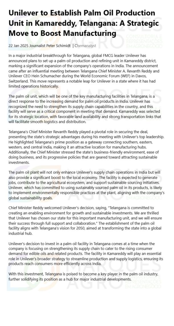 Unilever to Establish hashtag#Palm hashtag#Oil Production Unit in Kamareddy, Telangana: A Strategic Move to Boost Manufacturing