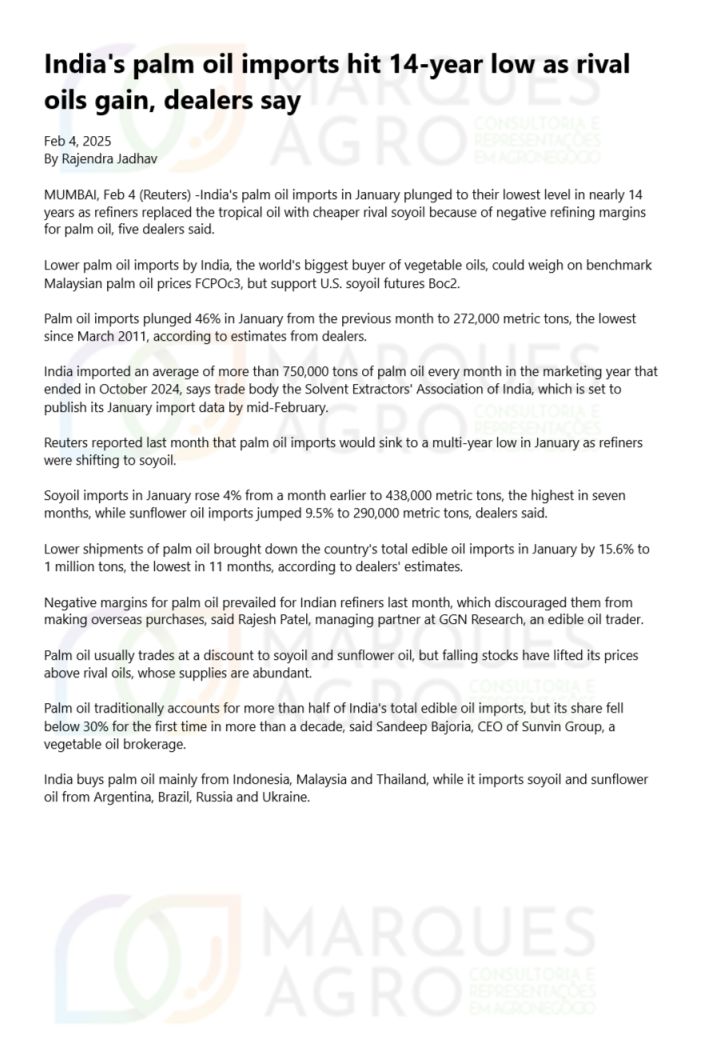 #India's #palm #oil imports hit 14-year low as rival #oils #gain, dealers say