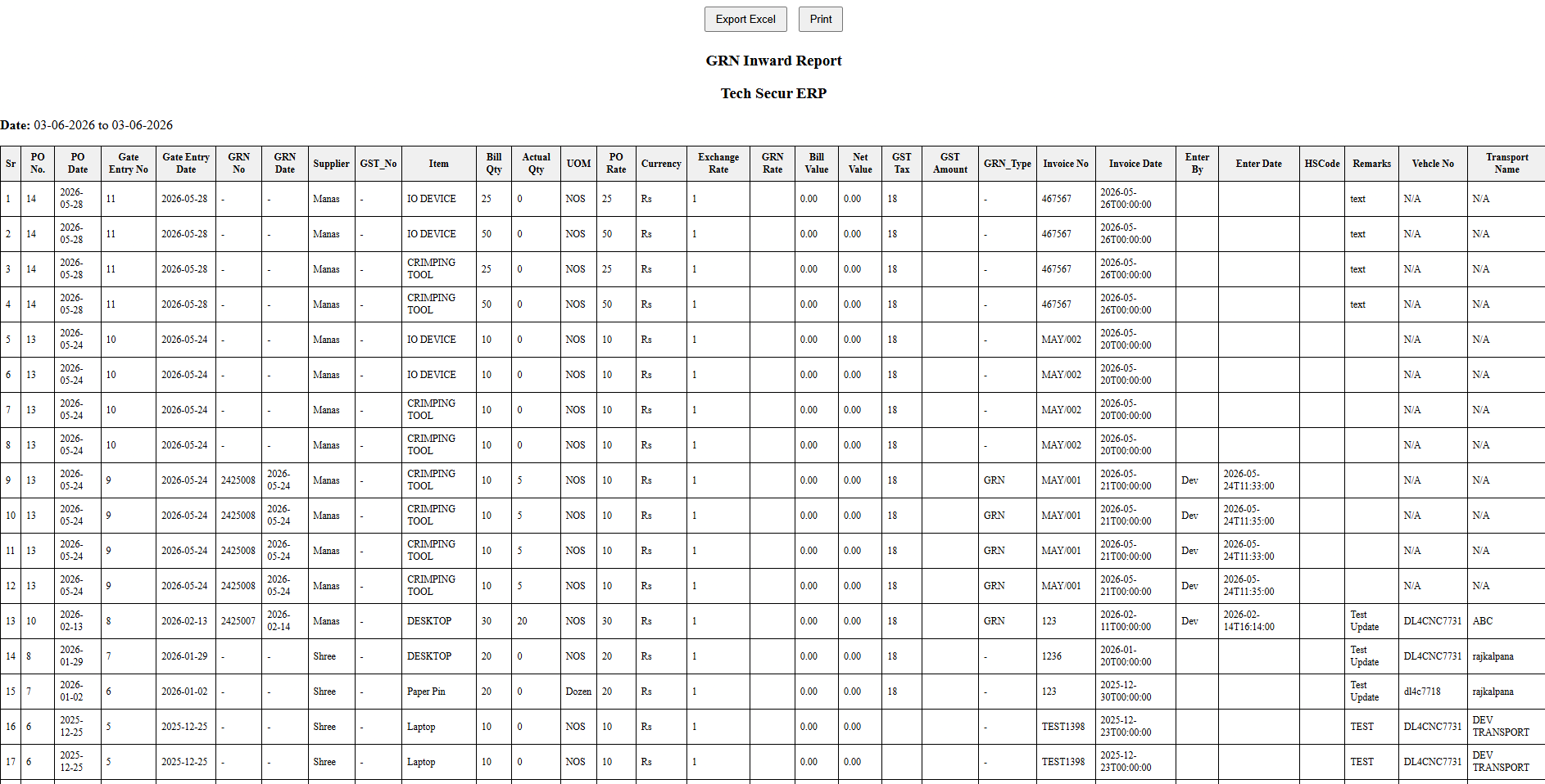 GRN Report (Excel Export)