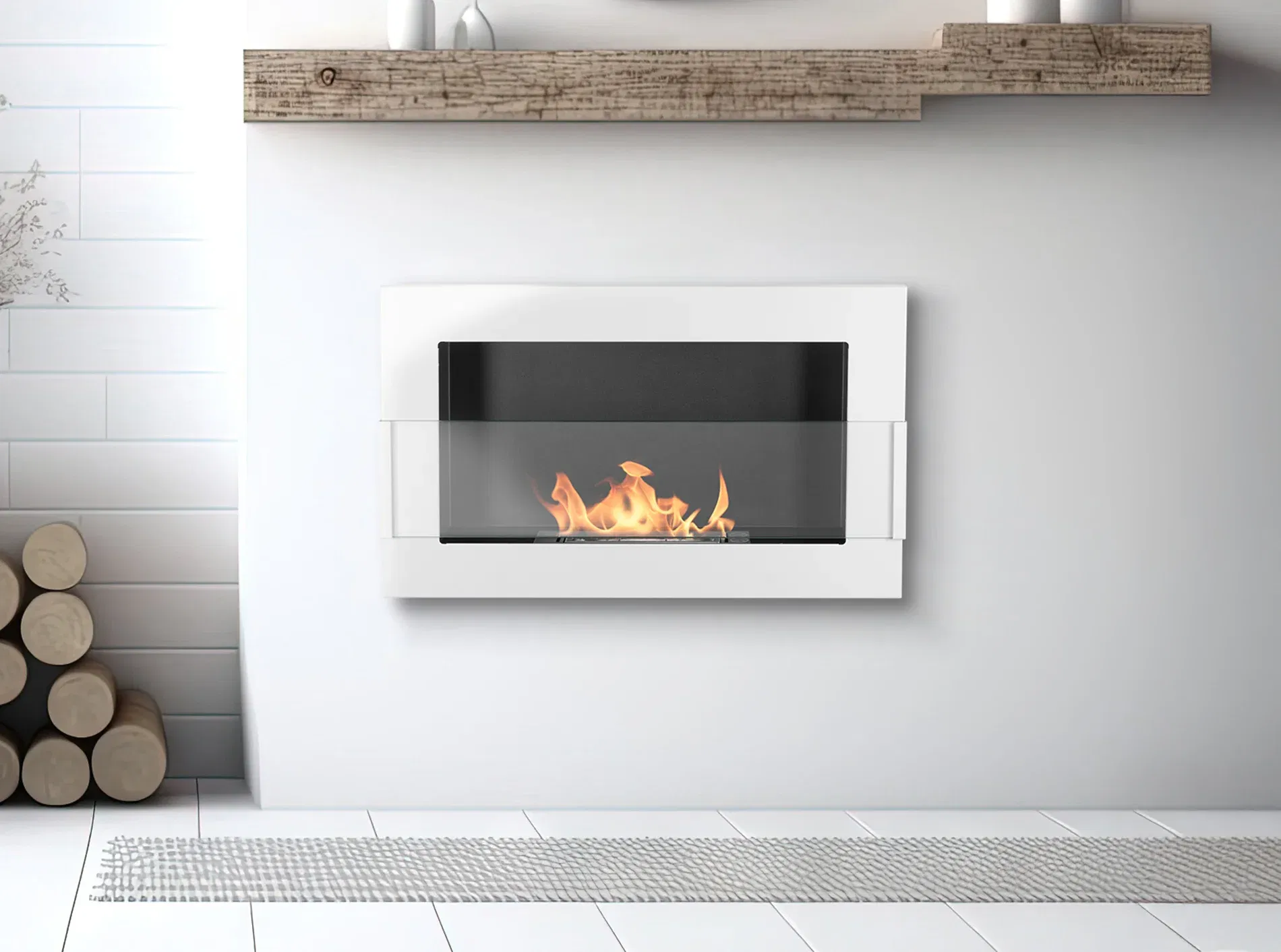 Biokominek wiszący biały połysk z szybą 650×400