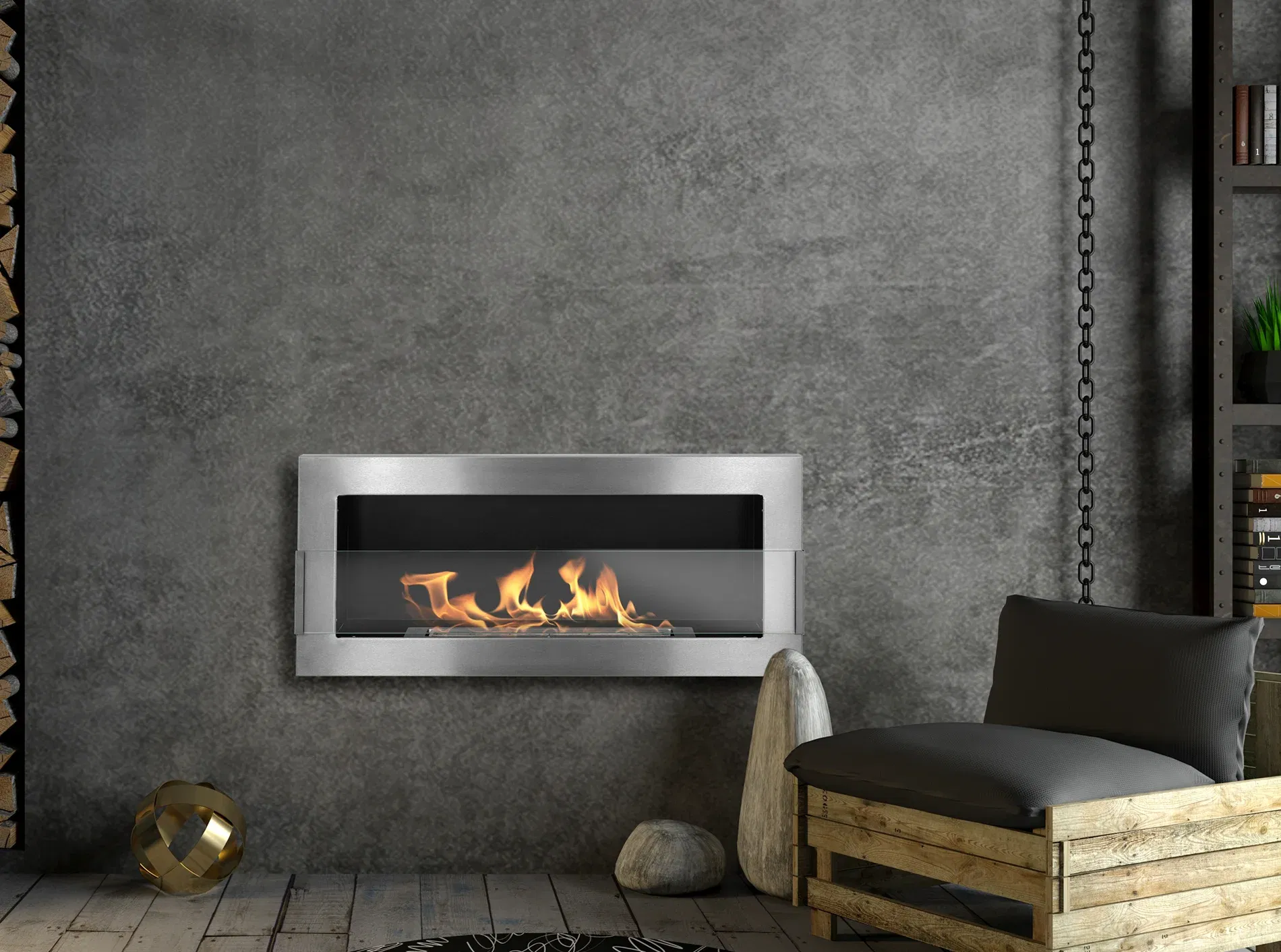 Biokominek wiszący z szybą 900×400 INOX srebny