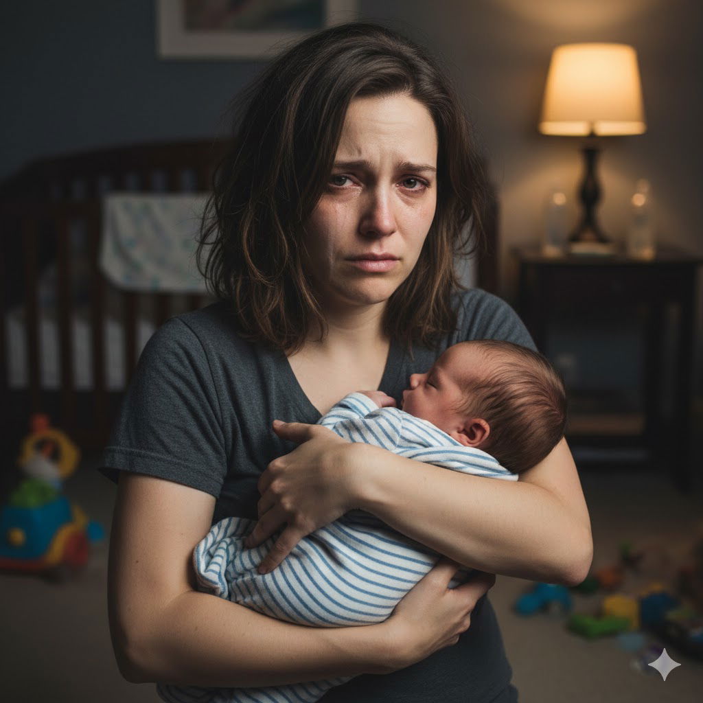A mother clutching her baby, looking distressed or overwhelmed, with tears running down her cheek.
