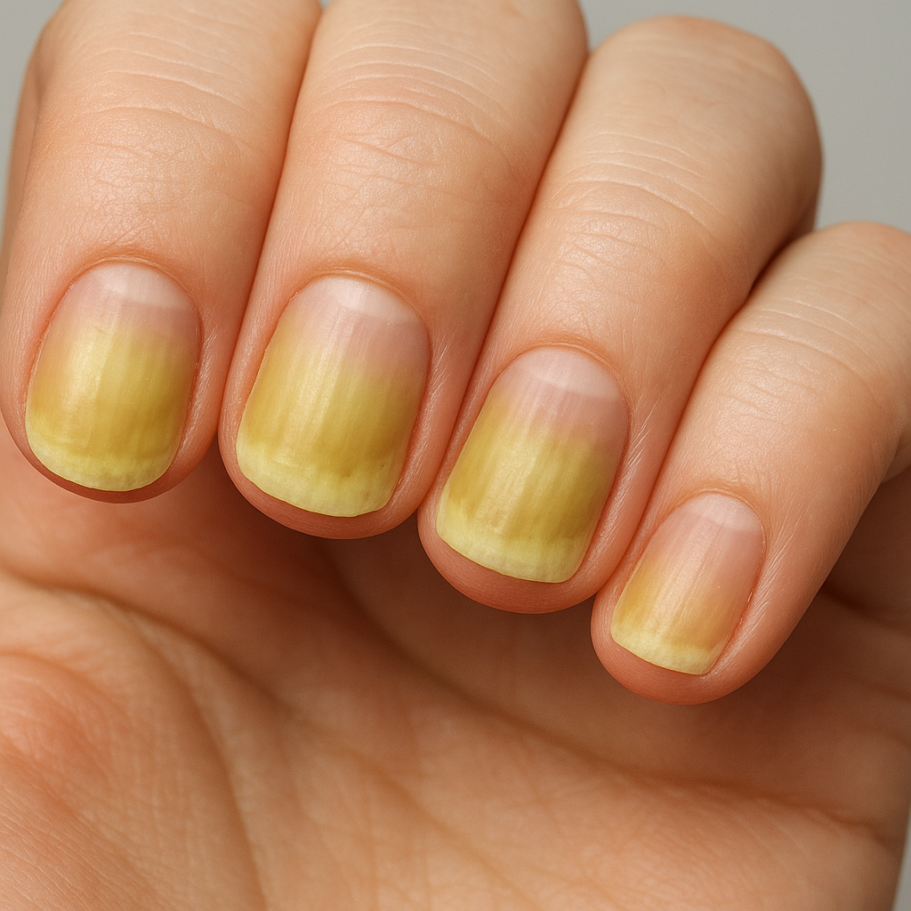 Close-up of four fingers showing yellowish-brown nails
