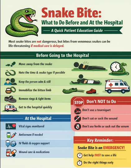 Infographic showing first aid steps for snake bites, what to do before reaching the hospital, actions to avoid, and emergency care provided at the hospital, using simple icons and clear headings.