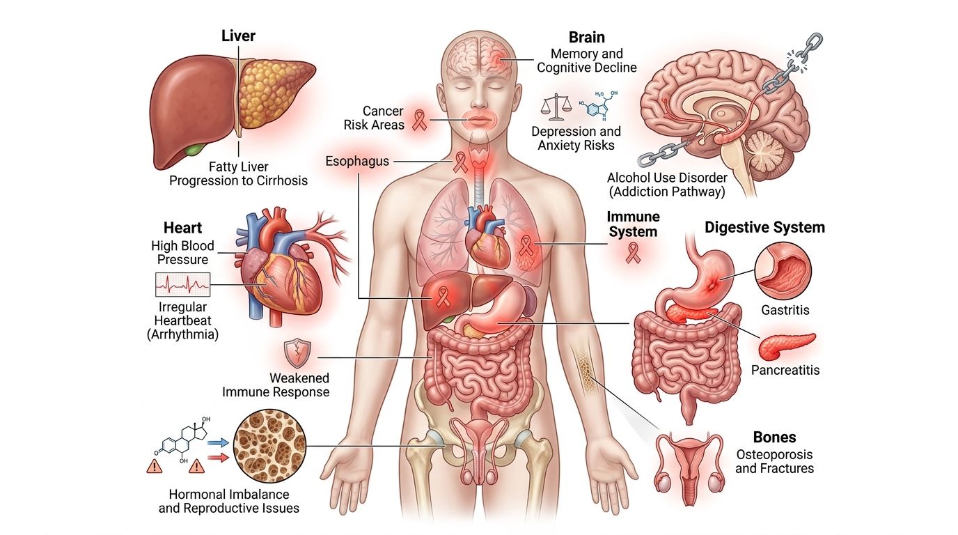 Medical illustration showing how long-term alcohol use damages major organs, including the liver, heart, brain, and digestive syste