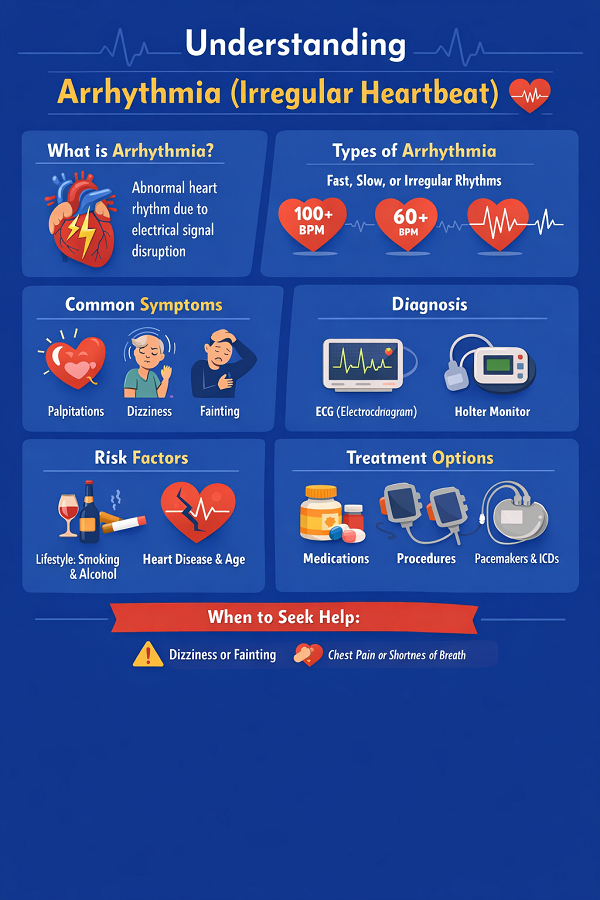 Schematic diagram showing the cuases, diagnosis and treatment of arrythmia