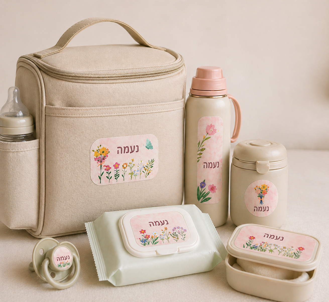 מדבקות שם בעיצוב פרחים על מחברות וציוד בית ספר