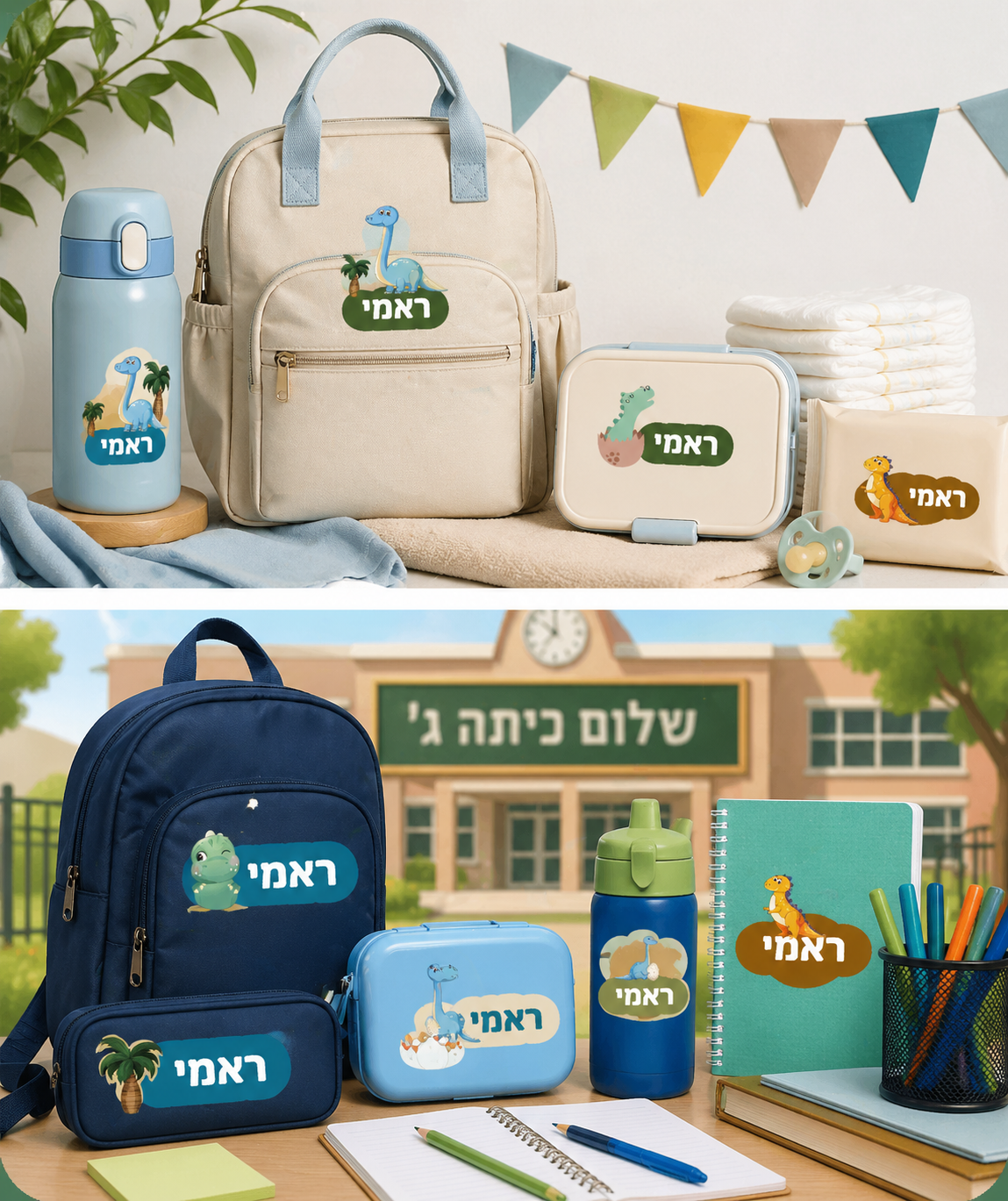 מדבקות דינוזאורים על מחברת, קלמר ובקבוק לשימוש יומיומי