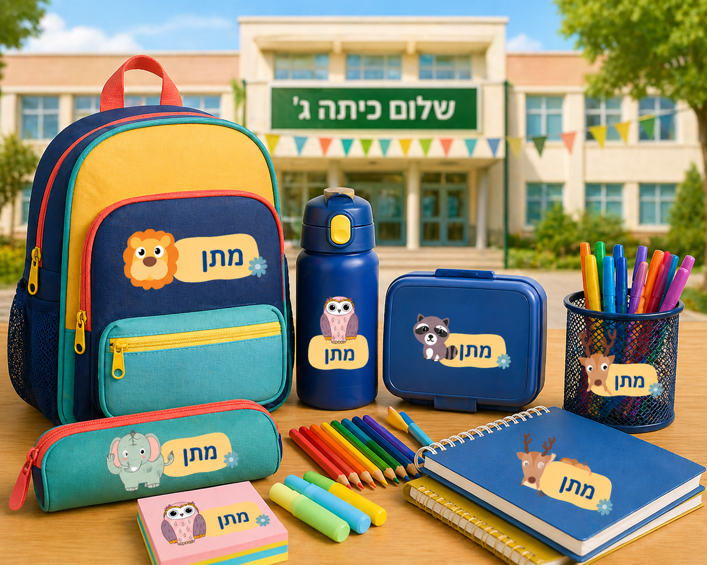 מדבקות שם בעיצוב חיות צבעוניות על ציוד בית ספר