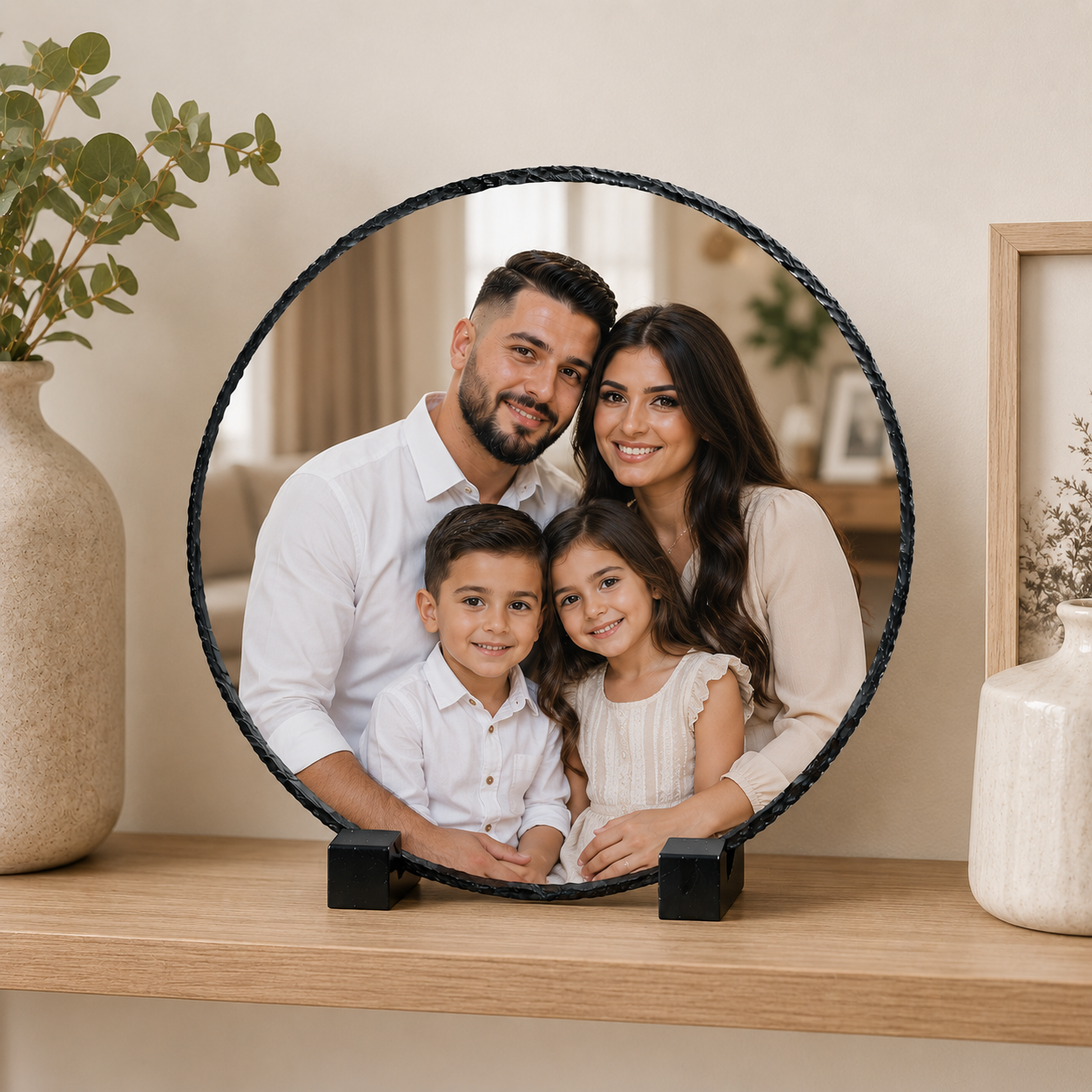 הדפסה על אבן בזלת עגולה בקוטר 20 ס"מ עם תמונה אישית ומעמד מעוצב