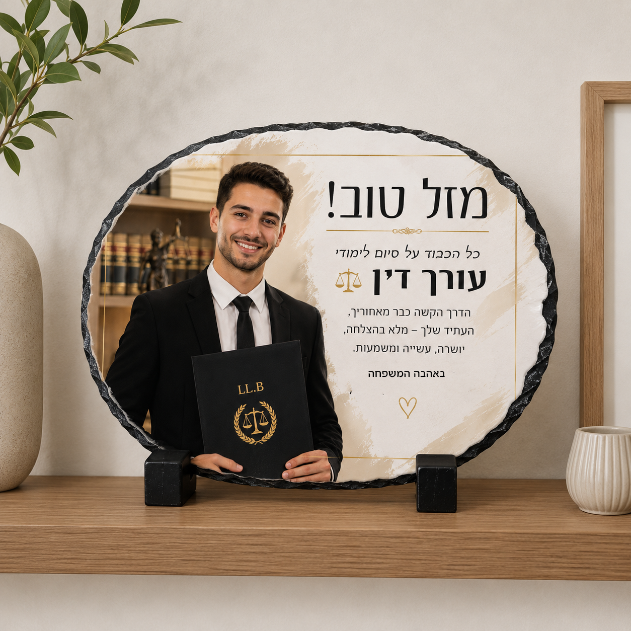 אבן בזלת אובלית בעיצוב אישי עם תמונה וברכה באיכות הדפסה גבוהה