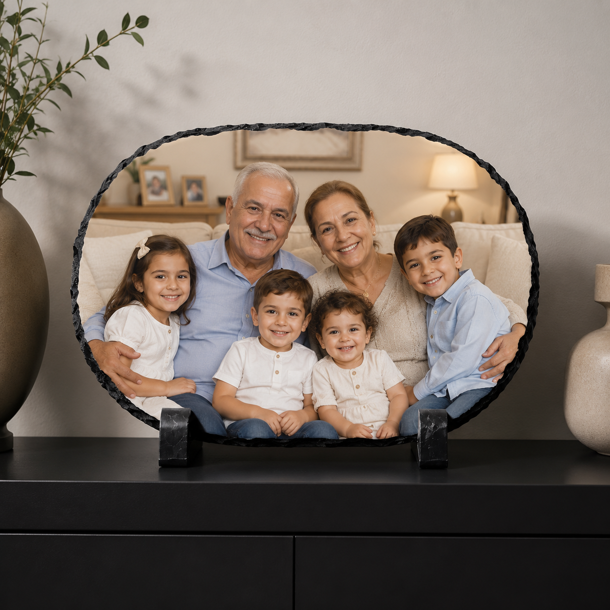 מתנה אישית על אבן בזלת אובלית עם תמונה, הקדשה או לוגו עסקי