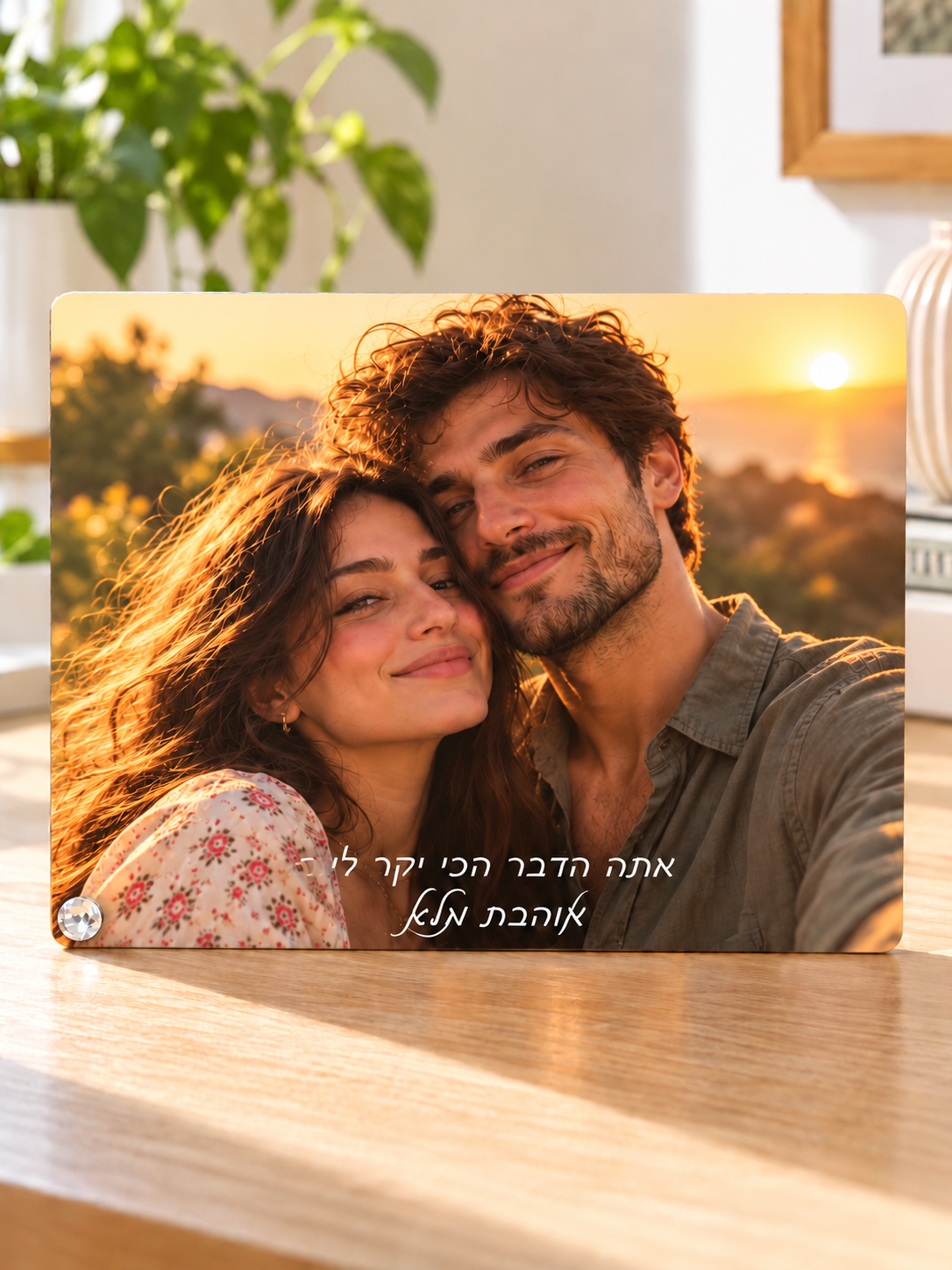 מתנה אישית עם תמונה על מעמד עץ שולחני