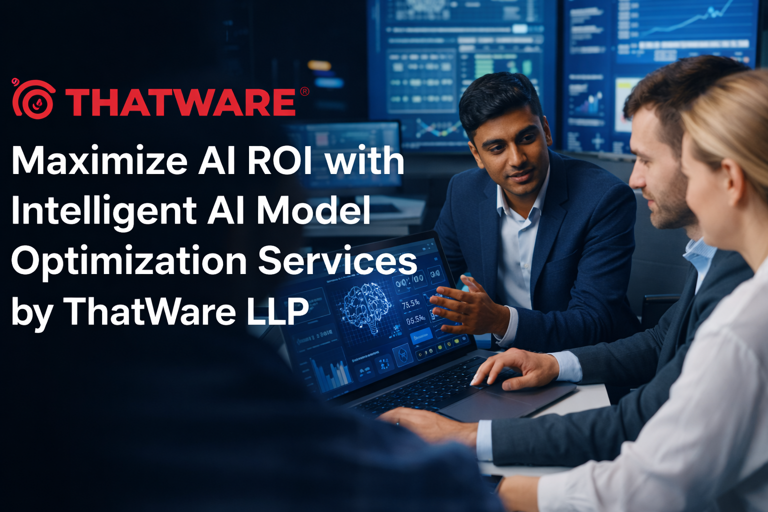 Team collaborating on AI model optimization services with ThatWare LLP branding