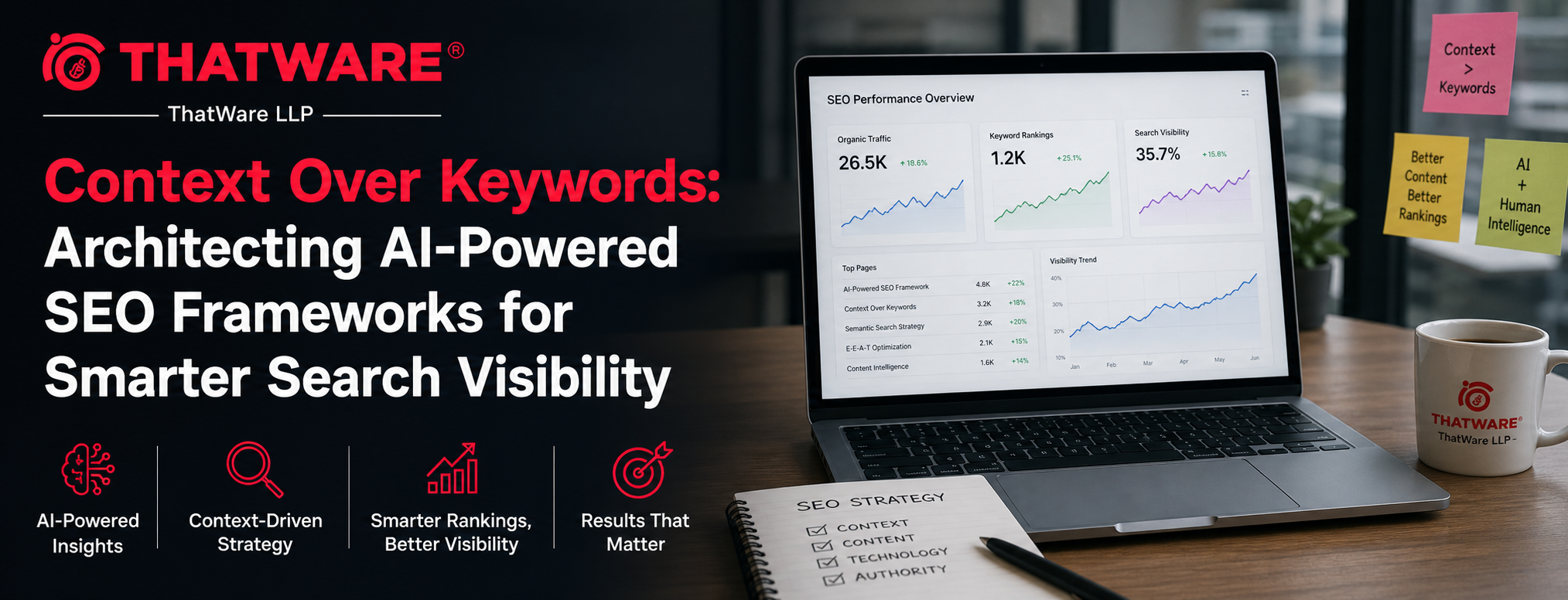 ThatWare LLP banner showing “Context Over Keywords: Architecting AI-Powered SEO Frameworks for Smarter Search Visibility” with a realistic workspace, laptop displaying SEO analytics, and branded ThatWare logo.