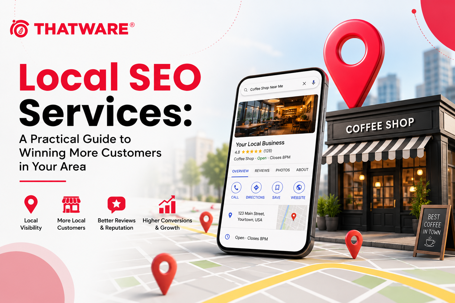Local SEO services with map pins, smartphone listing, and local business storefront.