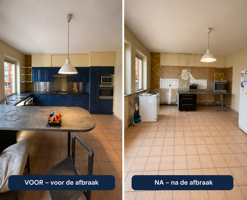 Afbraak keuken in Sint-Niklaas in opdracht van Ixina Sint-Niklaas.