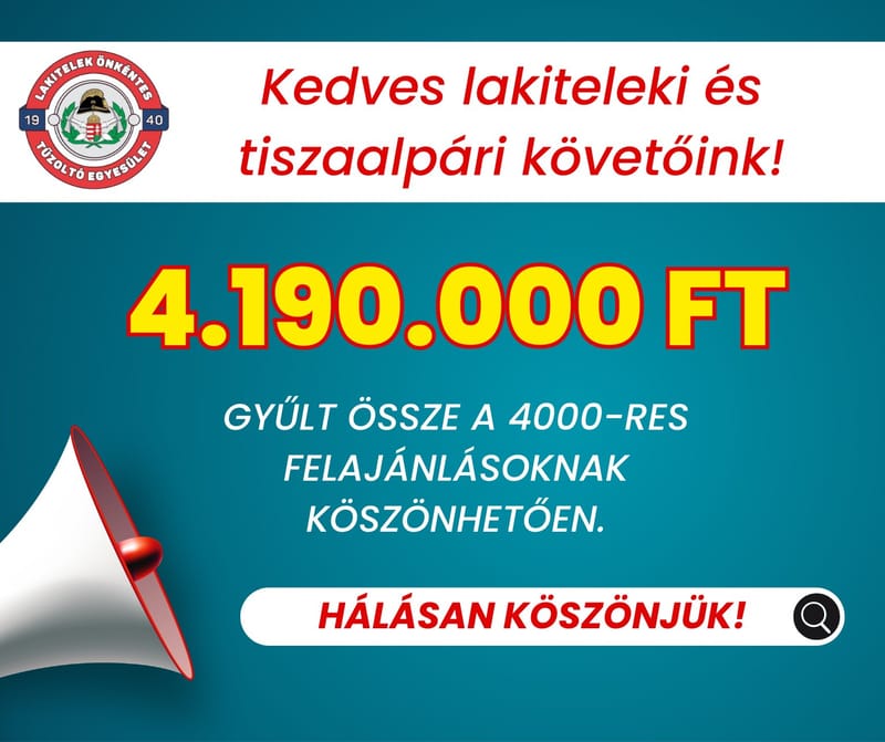 4000-res Klub: Sikeres adománygyűjtés a fiatalabb tűzoltóautóért