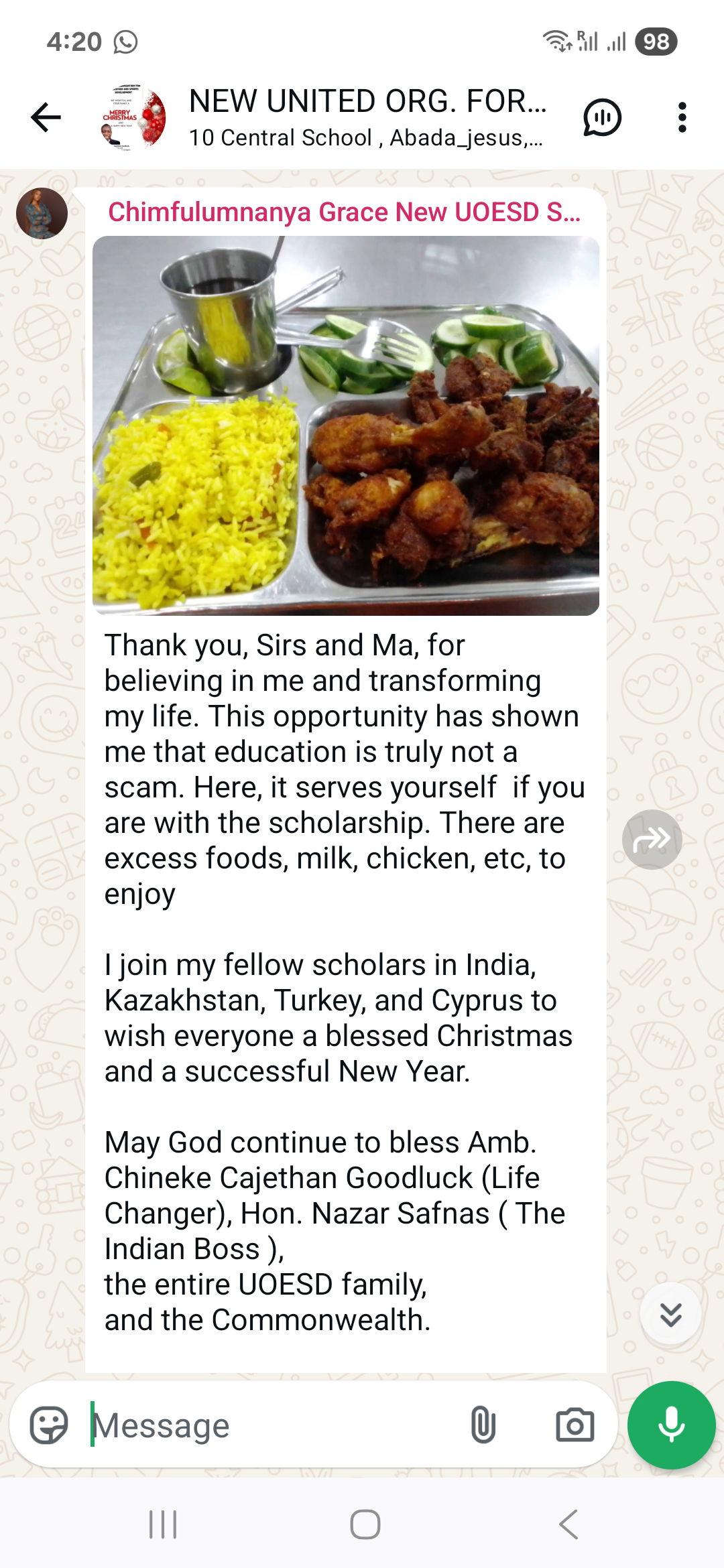 Empowering Futures Through Education: Message from a UOESD Scholar in India