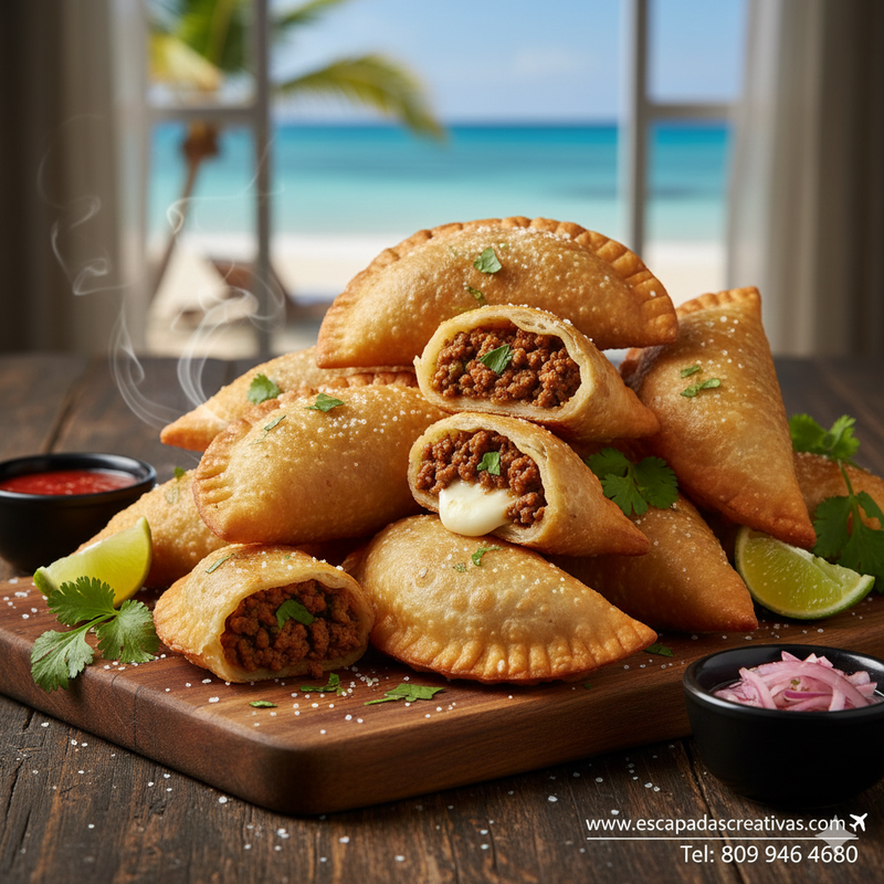 ¡Excelente! Ampliemos aún más su catálogo de delicias dominicanas para www.escapadascreativas.com.Aquí le presento dos platos más, muy populares y que mostrarán la diversidad de la cocina dominicana. Recuerde que todas las imágenes llevarán su marca de agua.Explorando la Diversidad Culinaria Dominicana8. Locrio de Pollo: El Arroz Conquistador 🍗🍚El Locrio es la versión dominicana de la paella o el risotto, un arroz cocido con carne (pollo, cerdo, res) o mariscos. El locrio de pollo es uno de los más consumidos, ideal para compartir en familia.| Imagen: Receta de Locrio de Pollo (Para 4-6 personas)IngredientesPreparación4 piezas de pollo (muslos, contramuslos o alitas), sin piel1. Sazonar el Pollo: Lave el pollo y sazone con ajo, orégano, sal, pimienta, salsa inglesa y vinagre. Deje marinar por al menos 30 minutos.2 tazas de arroz2. Dorar el Pollo: En un caldero grande con aceite caliente, dore el pollo hasta que adquiera un color oscuro y se selle por todos lados. Retire el pollo y reserve.1/2 cebolla, 1 ají cubanela, 2 dientes de ajo (picados)3. Sofreír: En el mismo caldero, agregue un poco más de aceite si es necesario, y sofría la cebolla, ají y ajo. Añada la pasta de tomate y sofría por un minuto.1/4 taza de pasta de tomate4. Unir: Agregue el pollo dorado de vuelta al caldero. Incorpore las aceitunas, el arroz, el cilantro, el orégano y el caldo de pollo (o agua). Revuelva bien.1/4 taza de aceitunas rellenas (verdes)5. Cocinar el Arroz: Sazone con sal al gusto. Deje hervir a fuego medio-alto hasta que el líquido se seque y se vean agujeros en la superficie del arroz.1 ramita de cilantro, 1/2 cdta. orégano6. Cocción Final: Baje el fuego al mínimo, tape el caldero bien (idealmente con una tapa pesada o papel de aluminio debajo de la tapa) y cocine por 20-25 minutos, hasta que el arroz esté graneado y el pollo tierno.3 tazas de caldo de pollo o agua7. Servir: Sirva caliente, acompañado de una ensalada verde o aguacate.Sal, pimienta, salsa inglesa, vinagre y aceite9. Empanadas o Catibías: El Antojo Crujiente 🥟