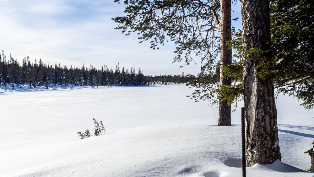 Lumen peittämä erämaajärven selkä hohtavassa auringonpaisteessa.