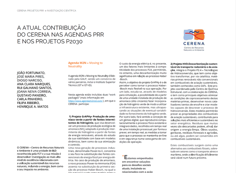 A ATUAL CONTRIBUIÇÃO DO CERENA NAS AGENDAS PRR E NOS PROJETOS P2030- Agenda M2N- Moving to Neutrality