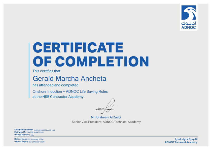 CERTIFICATE OF COMPLETION - ADNOC COMPETENCY