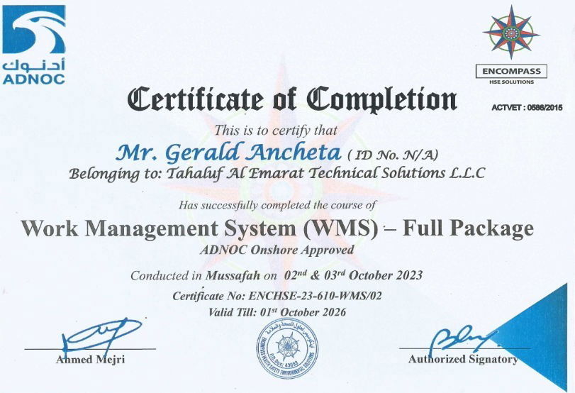 CERTIFICATE OF COMPLETION - ADNOC COMPETENCY