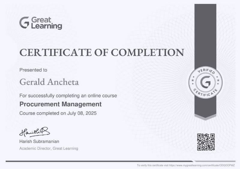 CERTIFICATE OF COMPLETION IN PROCUREMENT MANAGEMENT