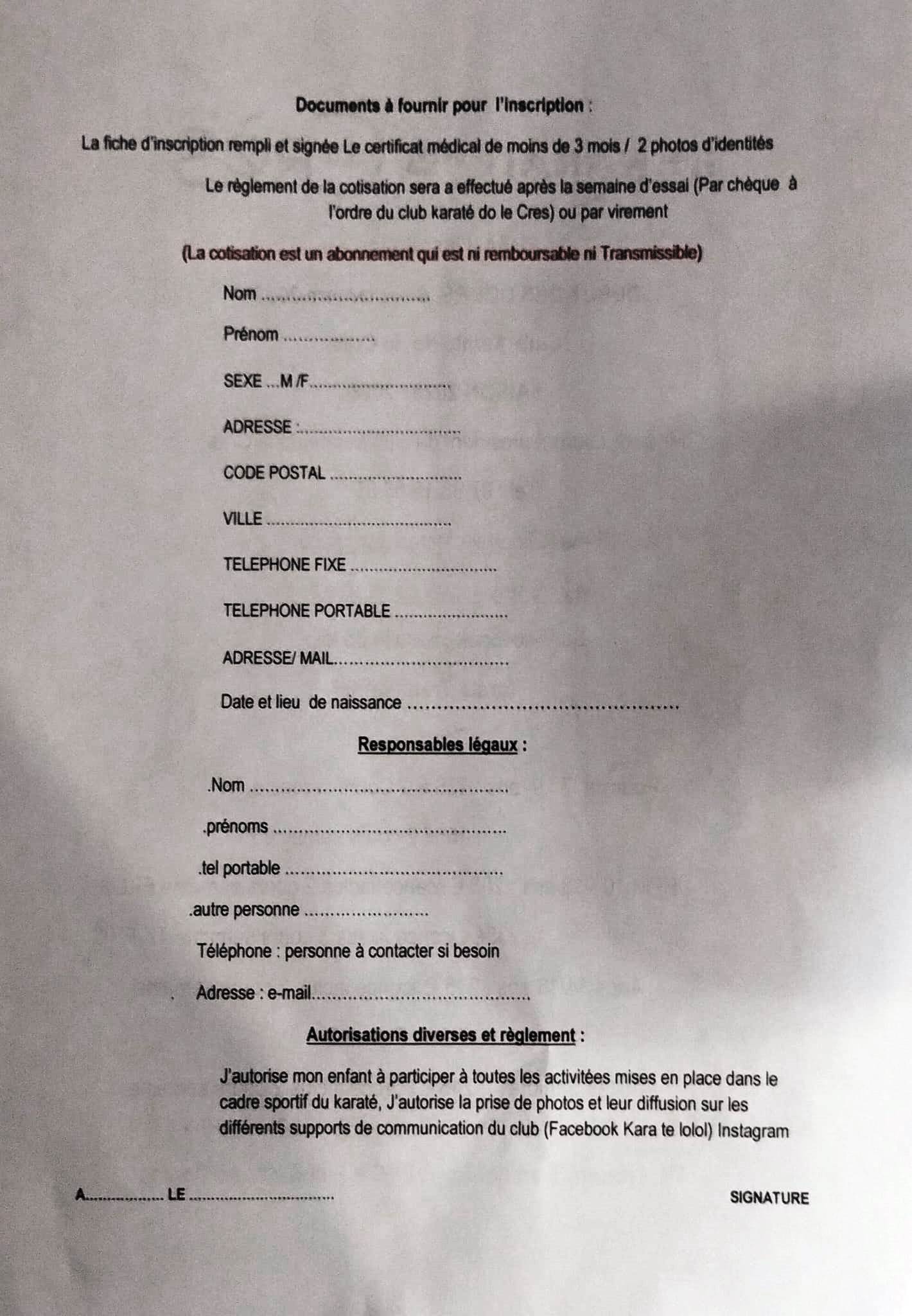 fiche d'inscription saison 2025/2026