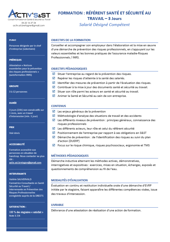 Référent Santé sécurité au Travail - Salarié Désigné Compétent- 