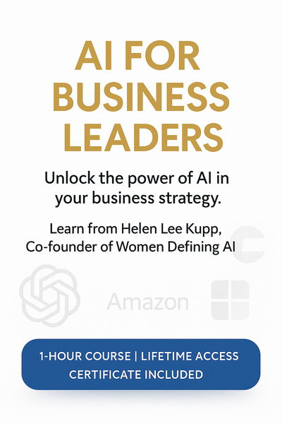 *Al for Business Leaders:Empowering Modern Executives*Unlock the potential of ArtificialIntelligence (Al) to drive innovation,boost productivity, and stay competitivein today's fast-paced businessenvironment.* The "Al for BusinessLeaders" course on Udemy, led byindustry expert Helen Lee Kupp, offers apractical roadmap for integrating Al into your business strategy