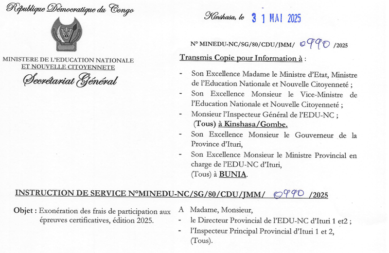 Ituri/Éducation : Le gouvernement prend en charge les frais de participation à l'Exetat et au Tenasosp